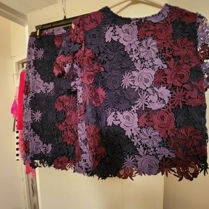 Lord & taylor 424 Fifth Floral Lace set Top & skirt red/ lavander/navy sz S nwot